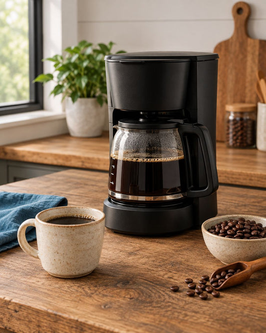 Automatic drip coffee maker, mug, and roasted coffee beans on a wooden kitchen counter